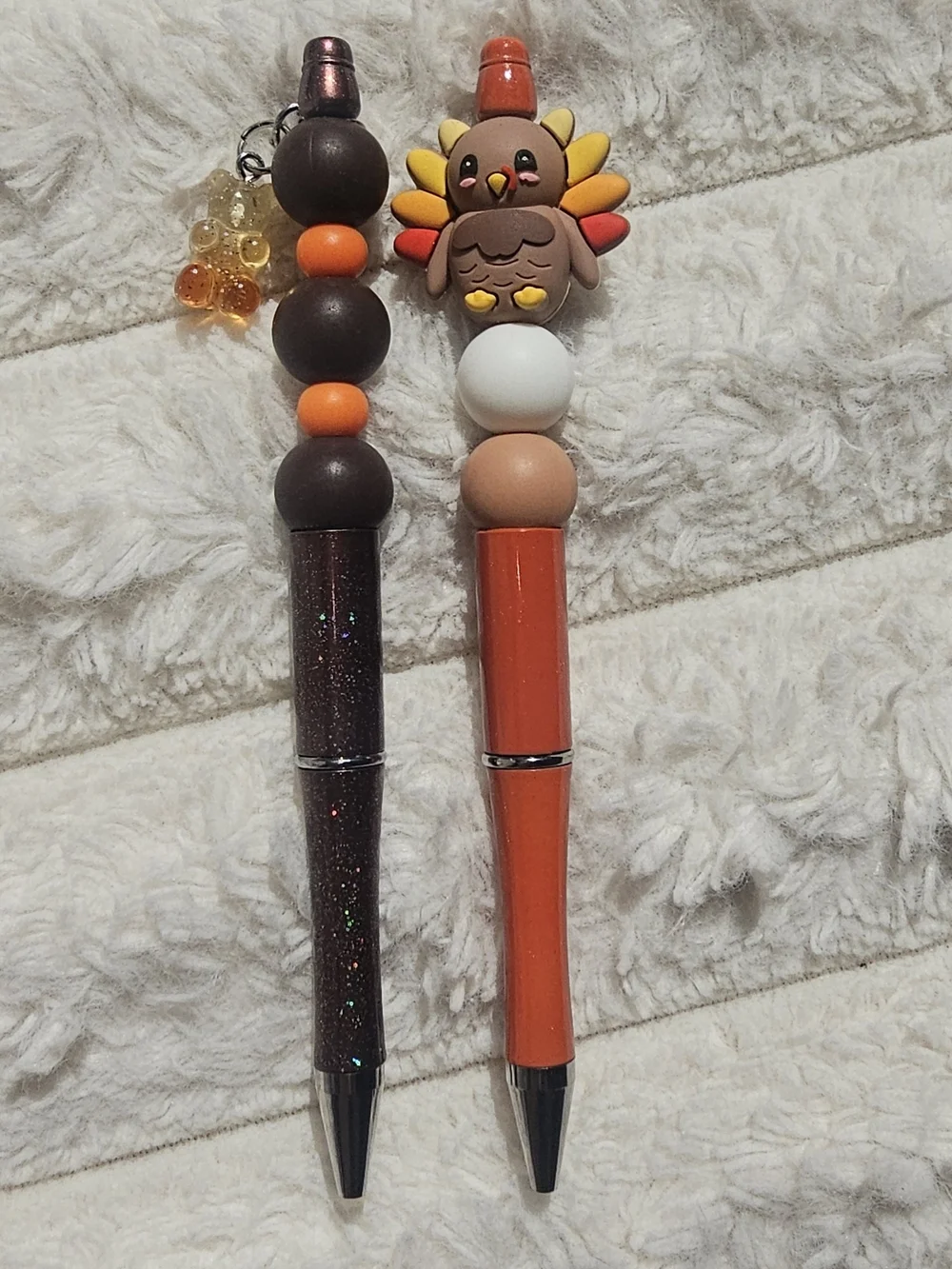 2 Cute Turkey and Bead Duo Ballpoint Pens - Brown & Orange